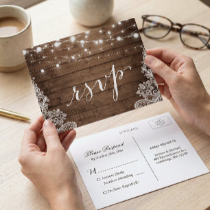 Barn Wood Twinkle Lights Lace Rustic Wedding RSVP Einladungspostkarte