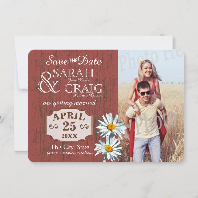 Barn Wood und Daisies Foto Save the Date Einladung (Vorderseite)