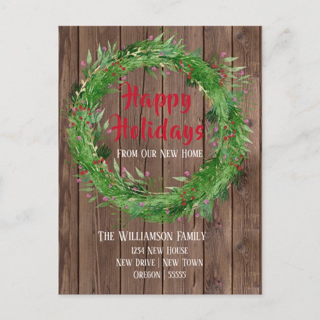 Barn Wood Winter Greenery Neue Zuhause Happy Holid Postkarte (Vorderseite)