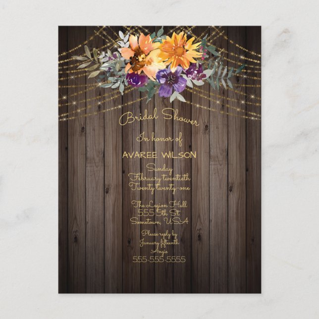 Barnboard String Lights Sonnenblumen Brautparty Postkarte (Vorderseite)