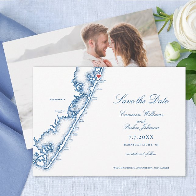 Barnegat Light NJ Karte Elegant Blaue Hochzeit (Barnegat Light New Jersey LBI Map Wedding Save the Date in Elegant Navy Blue by Coastal Map Designs)
