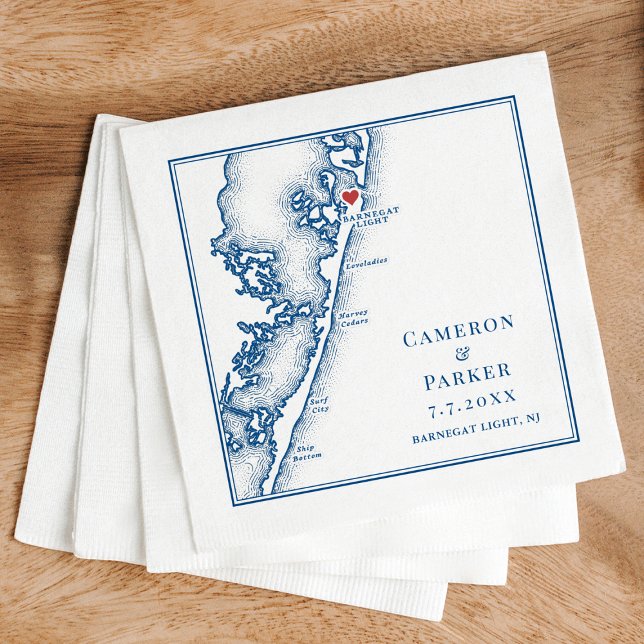 Barnegat Light NJ Karte Navy Elegante Hochzeit Serviette (Barnegat Light NJ Wedding Napkins Long Beach Island Jersey Shore Map by Coastal Map Designs)