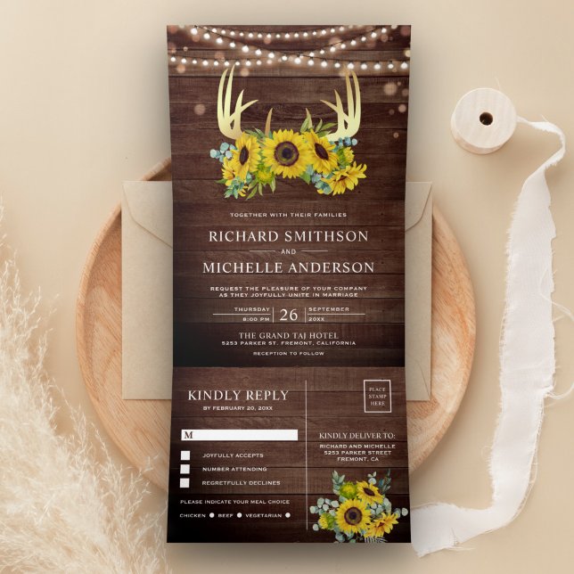 Barnholz Sonnenblumen Blorgolden Antler Hochzeit Dreifach Gefaltete Einladung (Von Creator hochgeladen)
