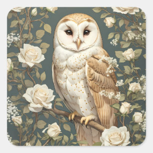 Barnowl und White Roses William Morris Inspiriert Quadratischer Aufkleber