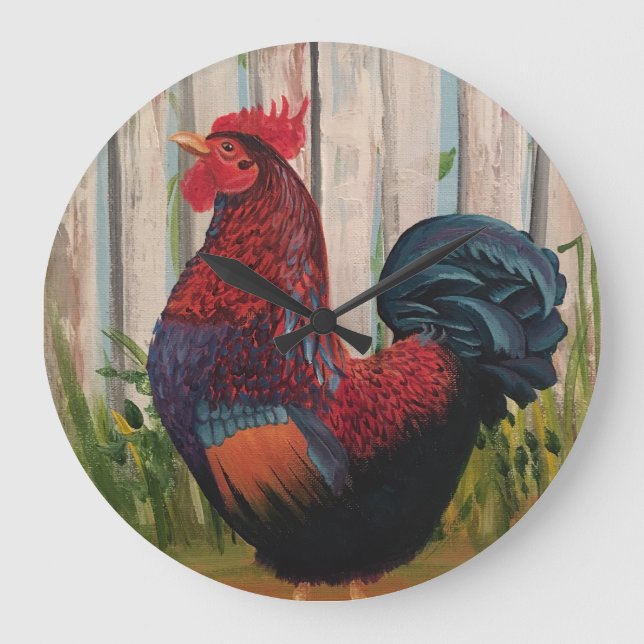 Barnvelder Rooster Rustic Kitchlock Große Wanduhr (Vorderseite)