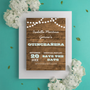Barnwood beleuchtet Aqua Quinceañera Save the Date Ankündigungspostkarte