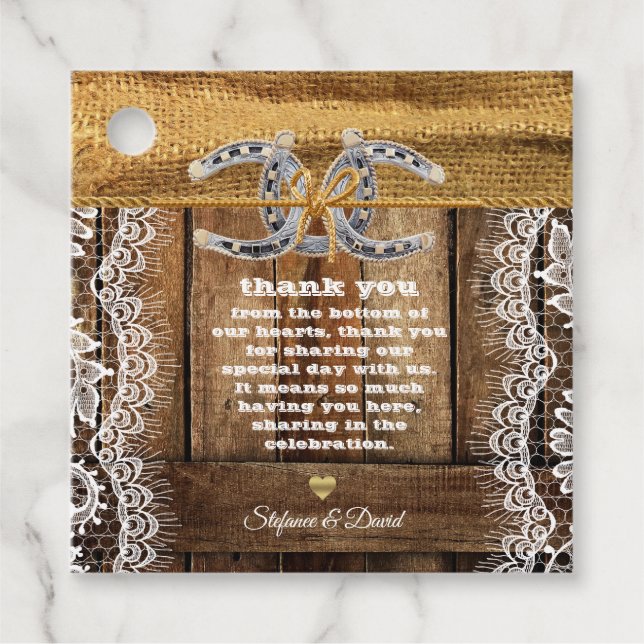 Barnwood, Country Lace & Horseshoes Wedding Geschenkanhänger (Vorderseite)