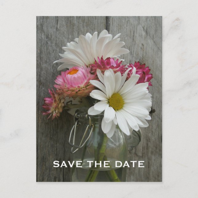 Barnwood, Daisies & Strawflowers Save the Date Ankündigungspostkarte (Vorderseite)