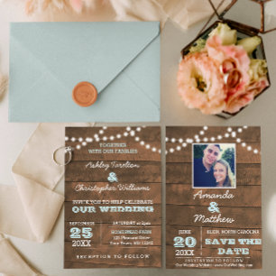 Barnwood Lights Aqua Wedding Retten Sie das Datum Ankündigungspostkarte