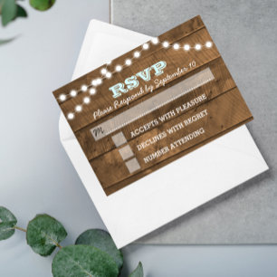 Barnwood Lights Aqua Wedding RSVP Card
