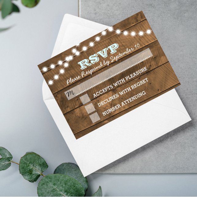 Barnwood Lights Aqua Wedding RSVP Card Karte (Von Creator hochgeladen)