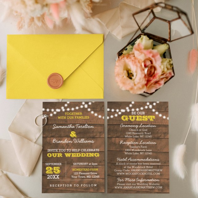 Barnwood Lights Gold Wedding Information Card Begleitkarte (Von Creator hochgeladen)