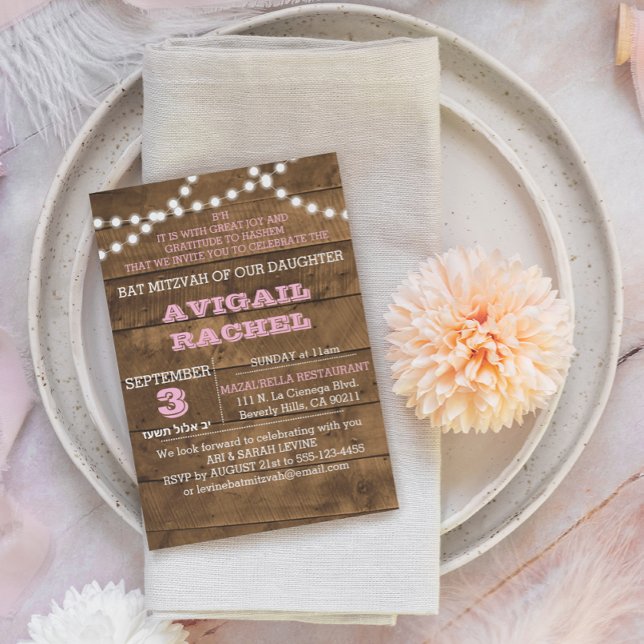 Barnwood Lights Pink B"H Bat Mitzvah Einladung (Von Creator hochgeladen)