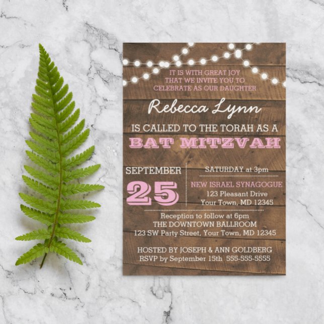 Barnwood Lights Pink Bat Mitzvah Custom Einladung (Von Creator hochgeladen)