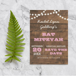 Barnwood Lights Pink Bat Mitzvah Save the Date Ankündigungspostkarte