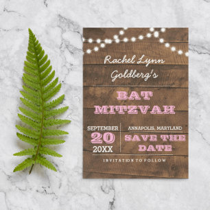 Barnwood Lights Pink Bat Mitzvah Save the Date Ankündigungspostkarte
