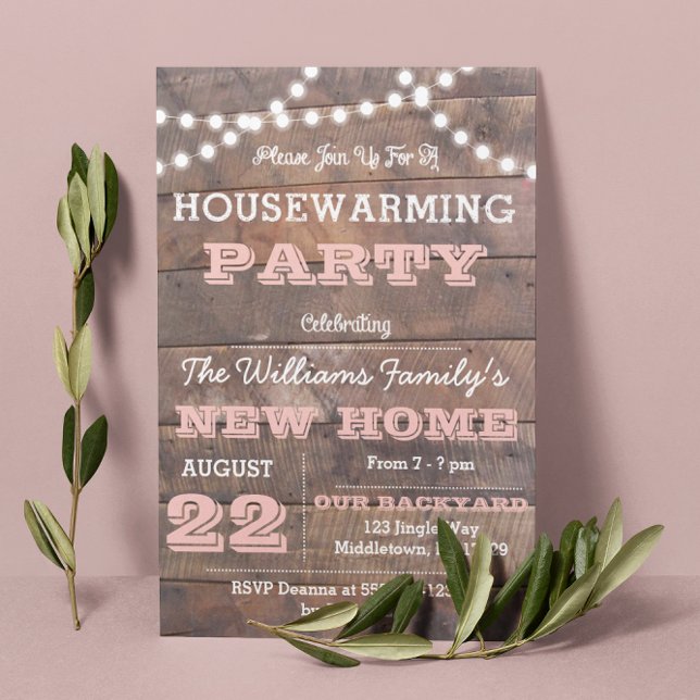 Barnwood Lights Pink Housewarming Einladungen (Von Creator hochgeladen)
