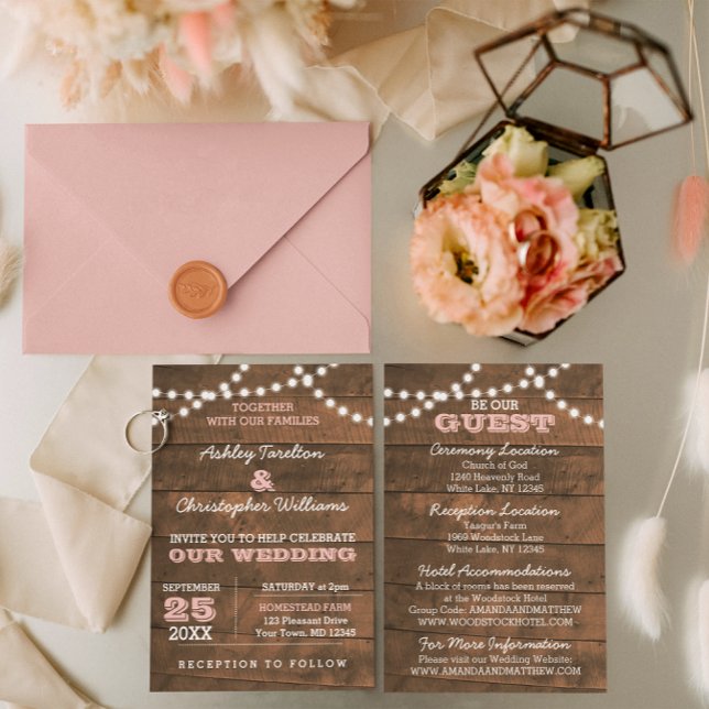 Barnwood Lights Pink Wedding Einladung (Von Creator hochgeladen)