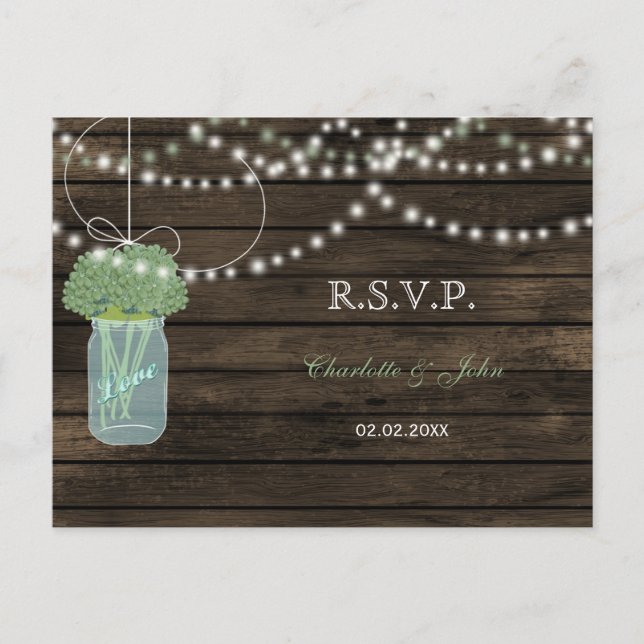 Barnwood-Mason-Glas Salbei Hochzeit RSVP Einladungspostkarte (Vorderseite)