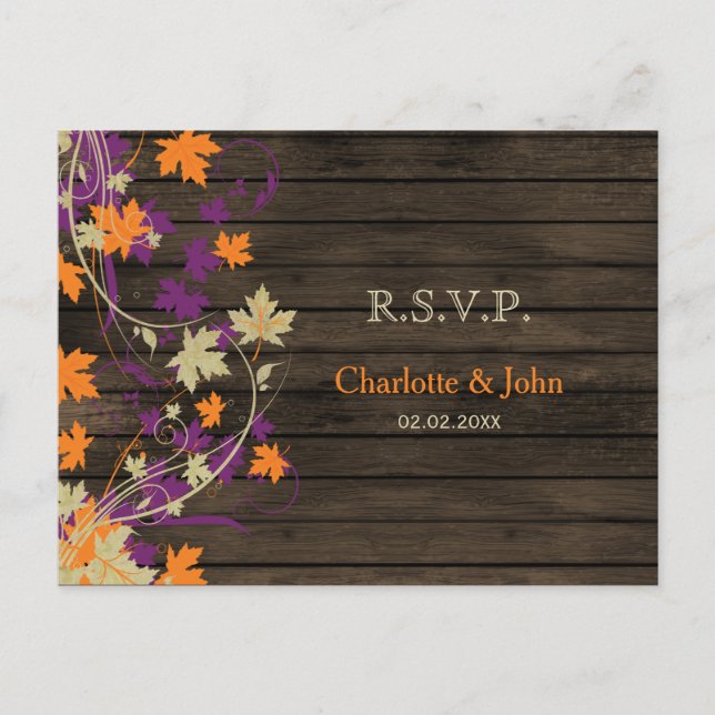 Barnwood Rustic Pflaume Herbstlaub Hochzeit RSVP Einladungspostkarte (Vorderseite)