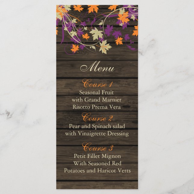Barnwood Rustic Pflaume Herbstlaube Hochzeitskarte Menükarte (Vorderseite)