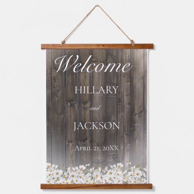 Barnwood und Daisies Rustikale Hochzeit Wandteppich Mit Holzrahmen (Vorderseite)