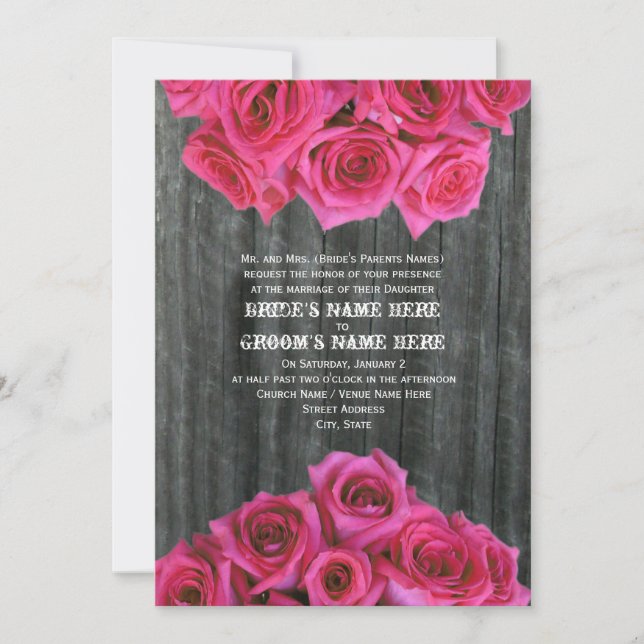 Barnwood und Hot-Pink-Rose Einladung Hochzeit (Vorderseite)