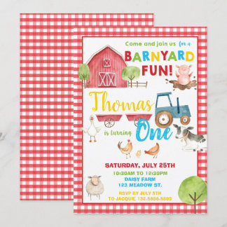 Barnyard 1. Geburtstag Party Niedliche Landtiere Einladung