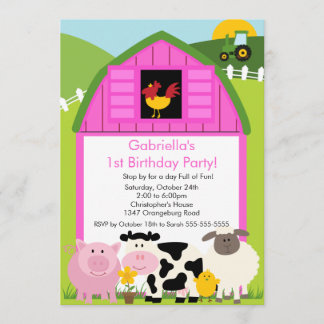 Barnyard Animal Fun Geburtstagspartei Pink Girls Einladung