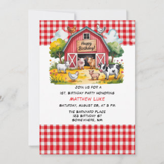 Barnyard Animals Boy 1st. Birthday Party Einladung