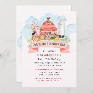 Barnyard Bash Farm Animals 1. Geburtstag Party Einladung