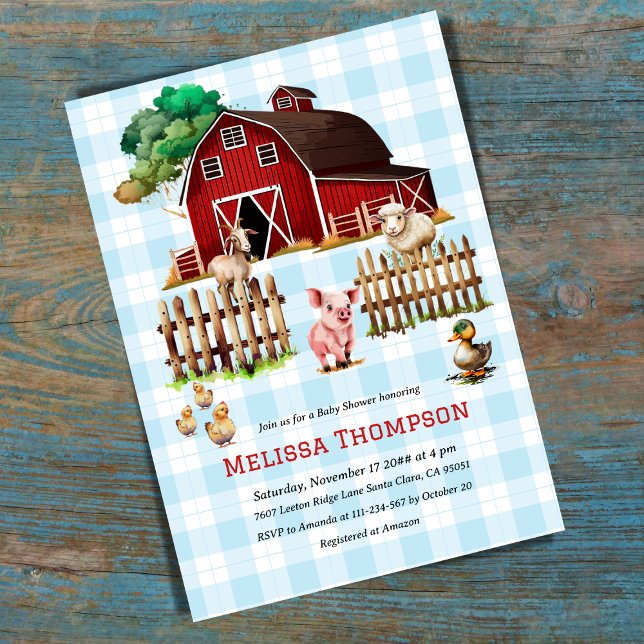 Barnyard Blue Kariert Farm Animals Baby Shower Boy Einladung (Von Creator hochgeladen)