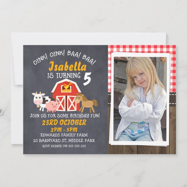 Barnyard Chalkboard Foto Geburtstag Einladung (Vorderseite)