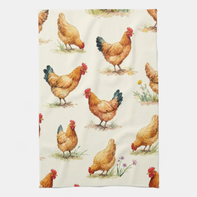 Barnyard Chickens and Botanical Pattern Design Geschirrtuch (Vertikal)