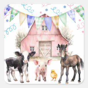 Barnyard Farm Animals 1. Geburtstag Quadratischer Aufkleber