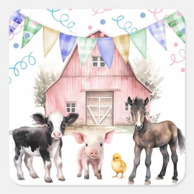 Barnyard Farm Animals 1. Geburtstag Quadratischer Aufkleber (Vorderseite)