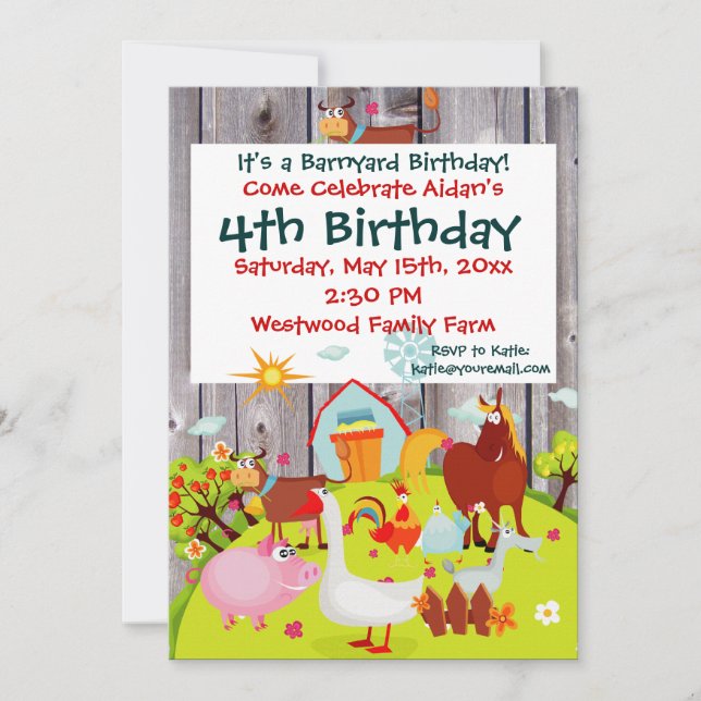 Barnyard Farm Animals Barnwood Birthday Einladung (Vorderseite)