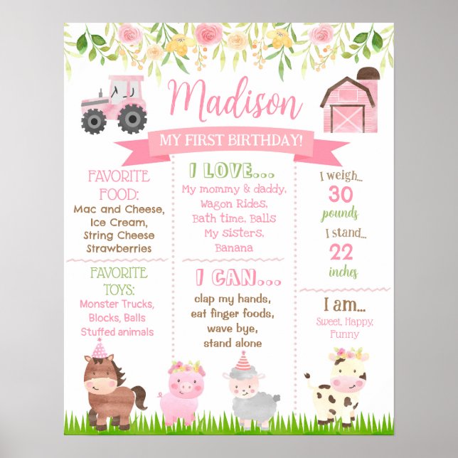 Barnyard Farm Animals Birthday Milestone Signgirl Poster (Vorne)