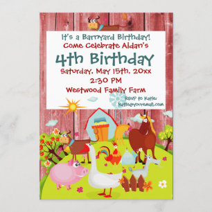Barnyard Farm Animals Red Wood Birthday Einladung