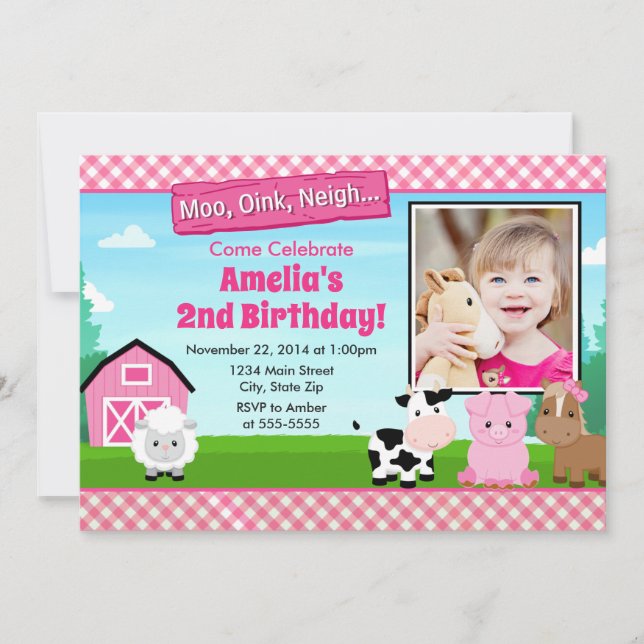 Barnyard Farm Birthday Girl Einladung Pink (Vorderseite)
