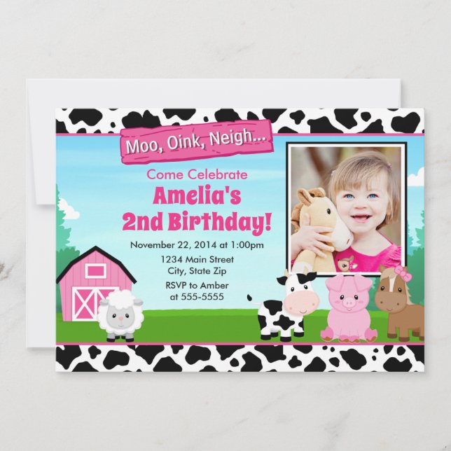 Barnyard Farm Birthday Girl Einladung Pink (Vorderseite)