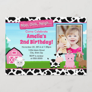 Barnyard Farm Birthday Girl Einladung Pink