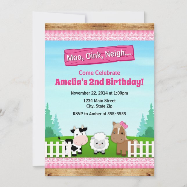 Barnyard Farm Birthday Girl Invitation Pink Einladung (Vorderseite)