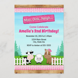 Barnyard Farm Birthday Girl Invitation Pink Einladung