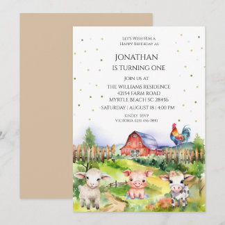Barnyard Farm Theme Boys 1. Geburtstag Party Einladung