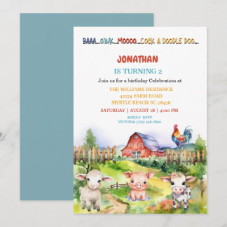 Barnyard Farm Theme Boys 2. Geburtstag Party Einladung