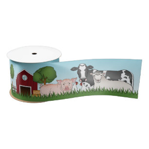 Barnyard Farmtiere mit rotem Stall und blauem Himm Satinband