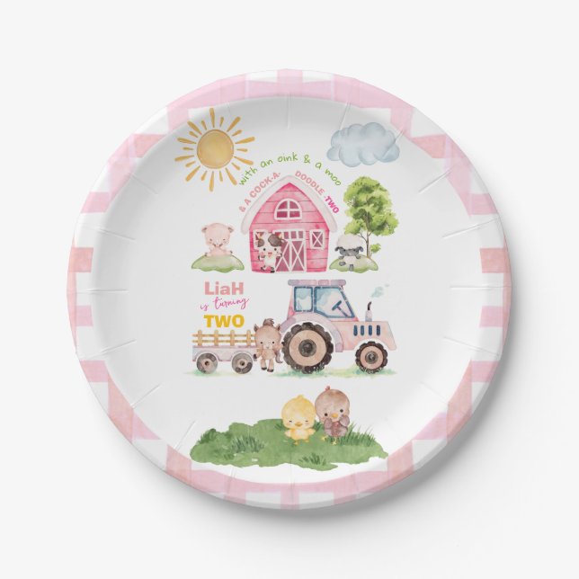 Barnyard Fun Pink 2nd Birthday  Pappteller (Vorderseite)