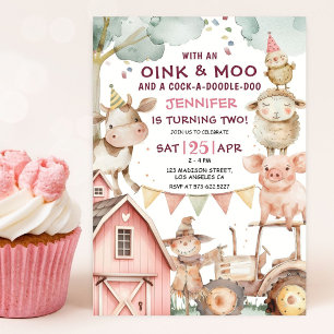Barnyard Girl Pink Farm 2. Geburtstag Einladung
