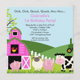 Barnyard-Tierspaß-Geburtstags-Party-Rosa-Mädchen Einladung